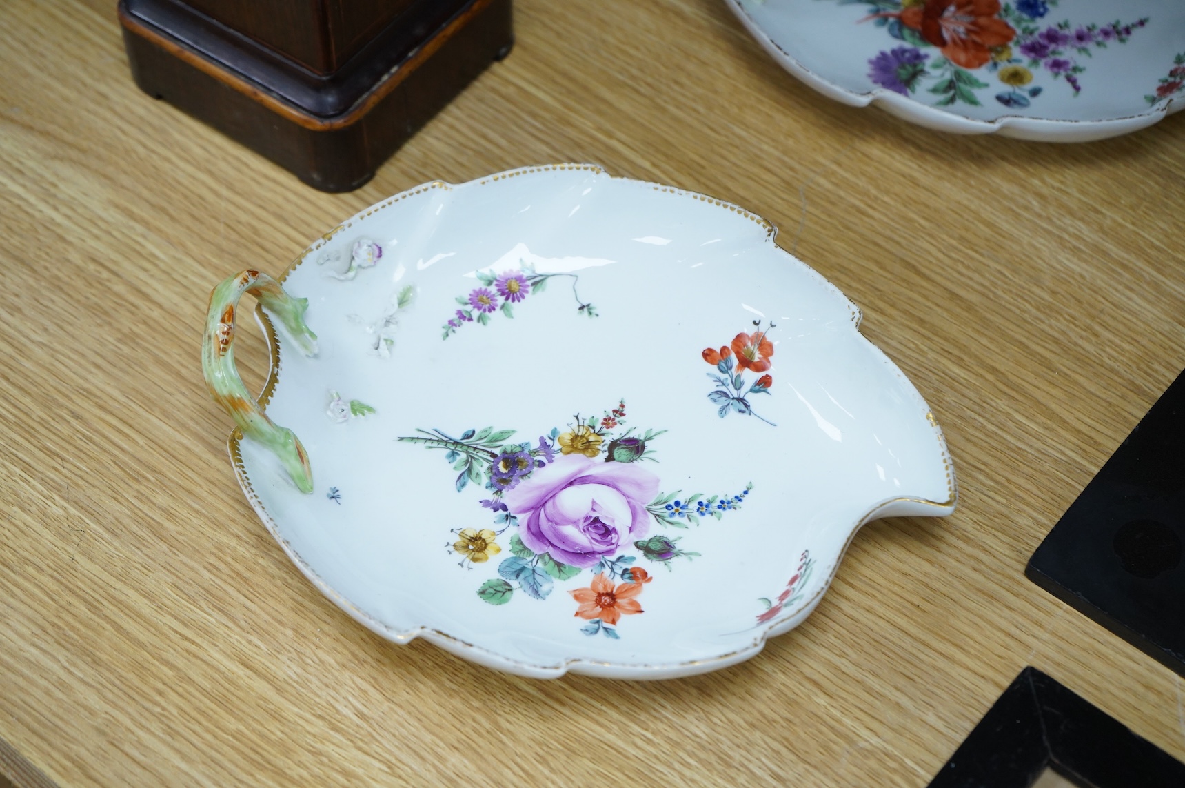 A pair of late 18th / early 19th century Meissen ‘leaf’ dishes, 25cm